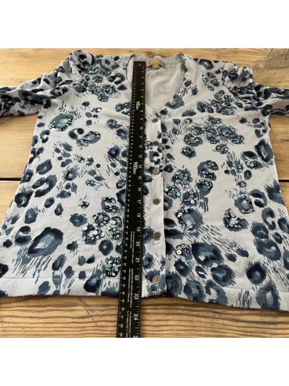 Kelly Leopard Print Sequin Cardigan Sweater Womens XS Blue 3/4 Ruched Sleeve - Picture 7 of 7